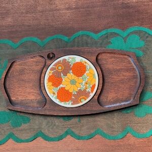 Vintage Floral Flower Power Ceramic & Wood Cheese Tray 1970s Groovy